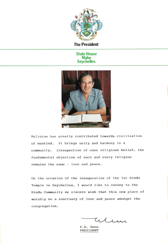 2. President France Albert Rene’s message for the Temple consecration in 1992